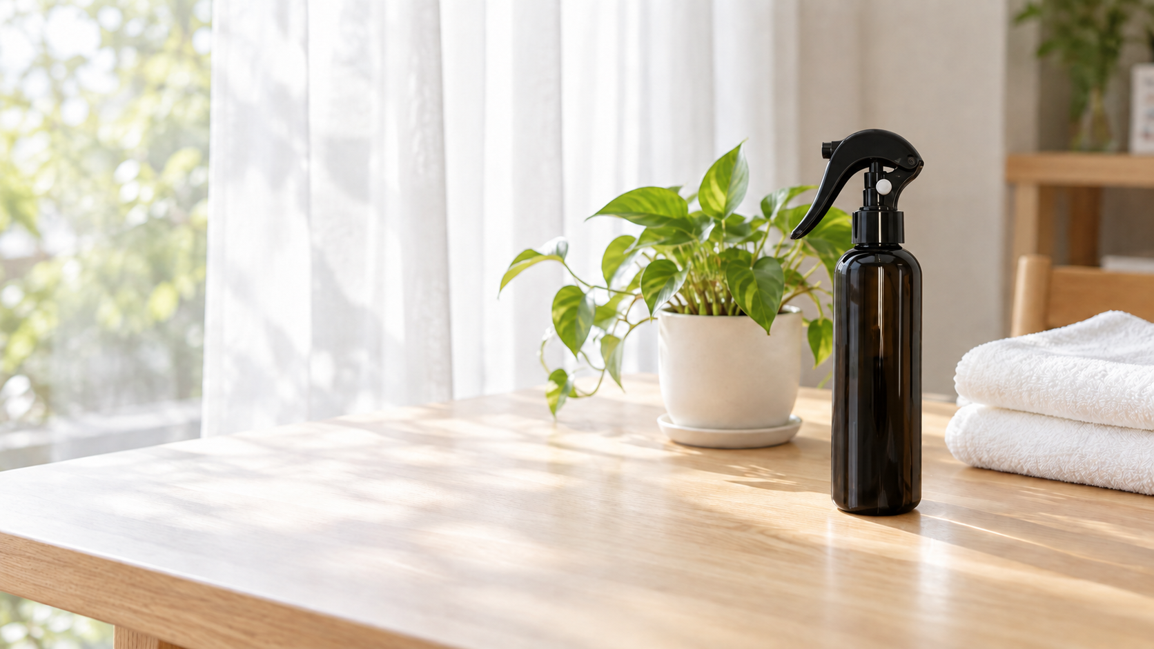 木のテーブルに置いた濃茶色の遮光スプレーボトルと観葉植物、白いタオル